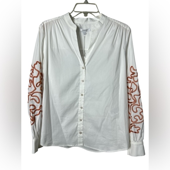 NWT Chico’s Poplin Embroidered Shirt Button Down Women’s L White Accent Sleeves - Picture 4 of 12